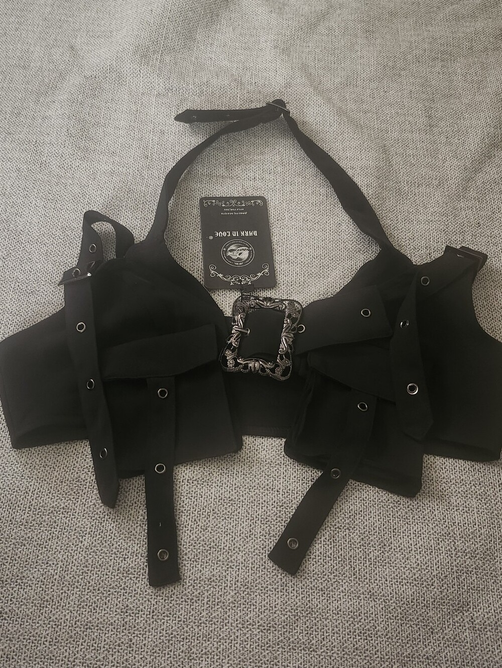 Punk Halter Crop Top with Utility Pocket and Decorative Buckle  DARK IN LOVE